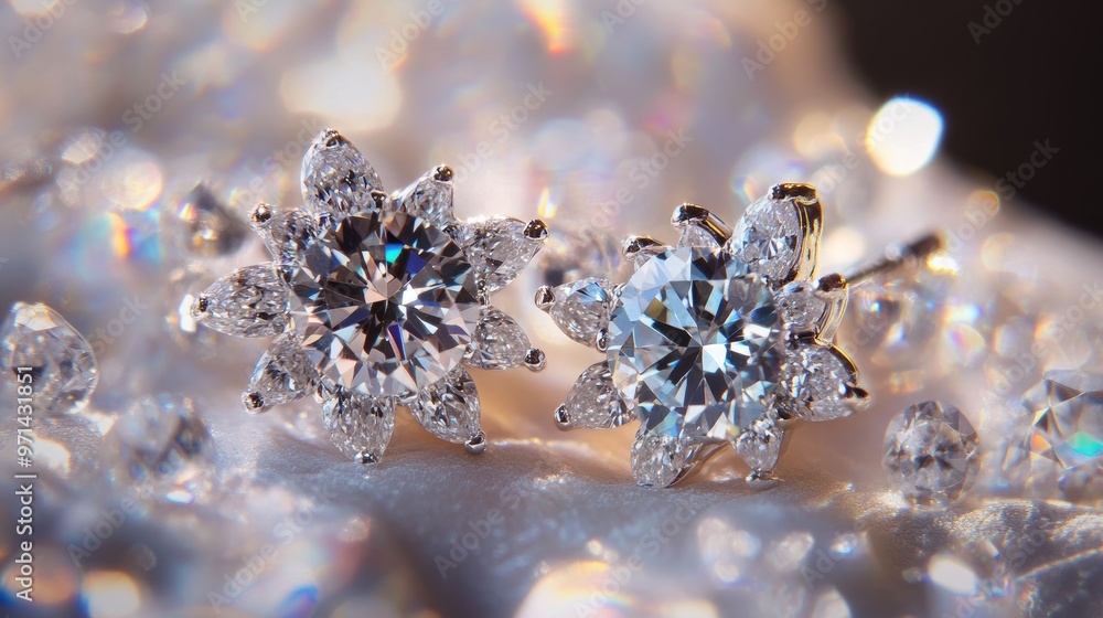 Poster a detailed shot of a pair of diamond earrings with a unique design, captured with a macro lens to em