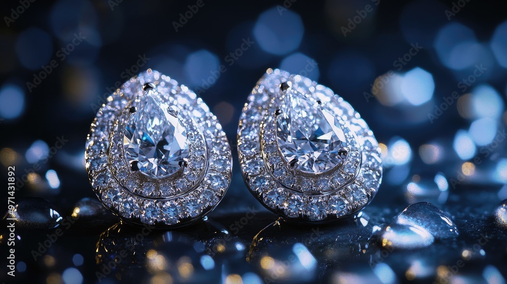 Poster a detailed shot of a pair of diamond earrings with a unique design, captured with a macro lens to em