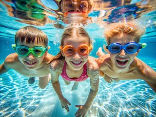 children in the pool swim underwater close-up