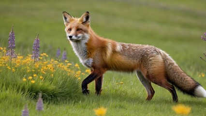 A red fox stands gracefully in a field of colorful wildflowers.