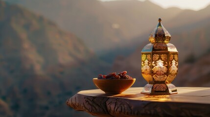 Golden Lantern with Dates in a Mountain Setting