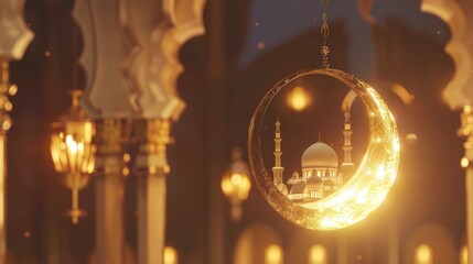 Obraz premium Crescent Moon with Mosque Reflection