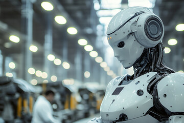 Fototapeta premium Humanoid robot in a factory setting, representing automation, advanced robotics, and artificial intelligence in industrial production and manufacturing