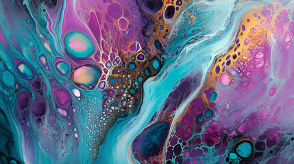Abstract fluid art with purple, teal, and gold swirls and bubbles.