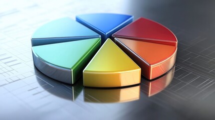 Obraz premium A dynamic 3D pie chart with metallic segments, arranged on a reflective surface, representing financial data and business performance