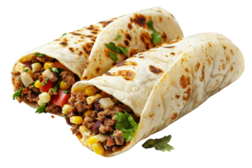 Savory burritos with grilled chicken and peppers isolated on transparent background