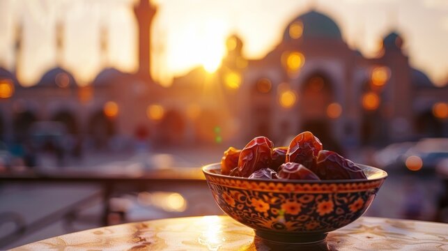 Dates at Sunset with Mosque Background