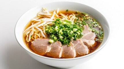 A dynamic shot of a bowl of noodle soup with clear broth, garnished with green onions, bean sprouts, and slices of meat, placed on a white background.