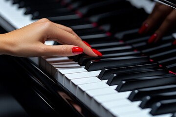 Obraz premium A hand with red fingernails resting on a grand pianoâ€™s keys, ready to play a soft, melodic tune