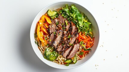 A dynamic shot of a noodle dish with a variety of toppings like sliced meat, vegetables, and a sprinkle of sesame seeds, all set against a clean, white background