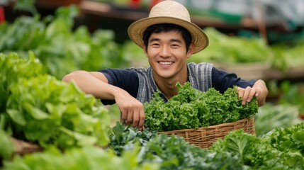 Smiling Farmer with Fresh Greens