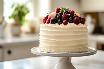 A beautifully decorated white cake sits on a cake stand accompanied by an assortment of fresh raspberries, blackberries, and peaches in a well-lit kitchen setting.