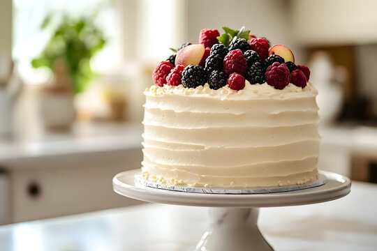 A beautifully decorated white cake sits on a cake stand accompanied by an assortment of fresh raspberries, blackberries, and peaches in a well-lit kitchen setting.