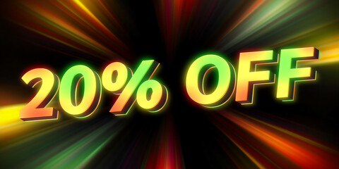 20% off, multicolored 3d text on dark background