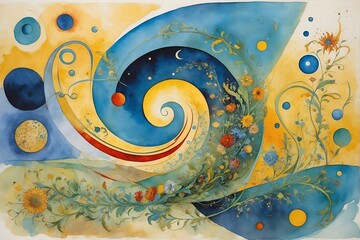 Vivid Blue and Yellow Wave Painting Depicting Movement and Tranquility. Generative AI.