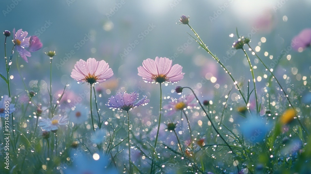 Poster a field of wildflowers with droplets of water on each bloom, creating a serene and refreshing atmosp