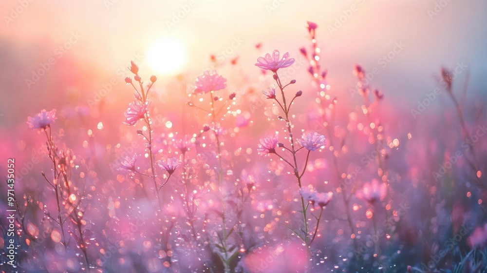 Aufkleber a field of wildflowers with droplets of water on each bloom, creating a serene and refreshing atmosp