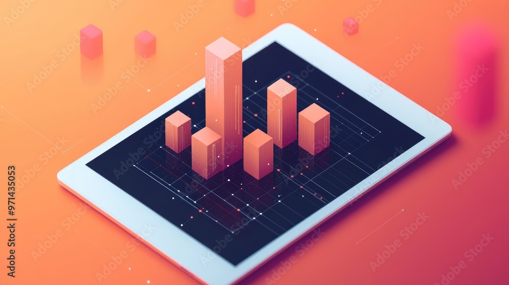 Poster a flat lay of a digital tablet showing a 3d bar graph, with bars popping out of the screen, symboliz