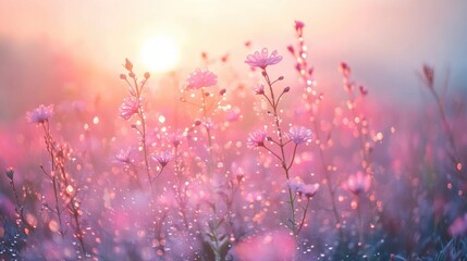 A field of wildflowers with droplets of water on each bloom, creating a serene and refreshing atmosphere as the sun rises.