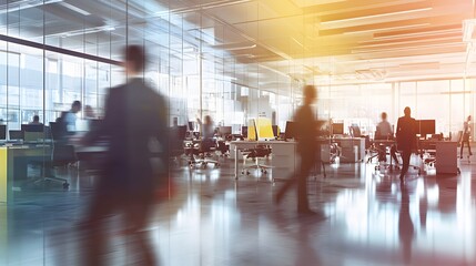 Blurred Silhouettes of People Walking Through a Modern Office