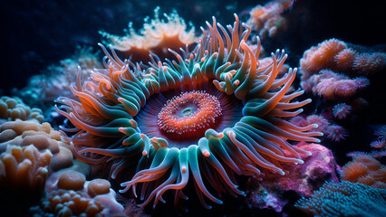 Close-up of a vibrant underwater sea anemone with colorful, flowing tentacles. Captures the mesmerizing beauty and intricate details of marine life in stunning high definition