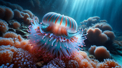 Stunning bioluminescent sea creature glowing in vibrant colors, set against a rich coral reef backdrop. Perfect for underwater fantasy themes and marine life visuals