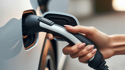 A close-up image of a woman's hand with manicured nails plugging a charger into an electric car. This high-quality stock photo captures the detail and modern technology of electric vehicle charging
