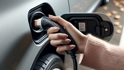 A close-up of a person's hand plugging an electric vehicle (EV) charger into the charging port. The image highlights the act of connecting the charger, showcasing clean and well-manicured nails and a 