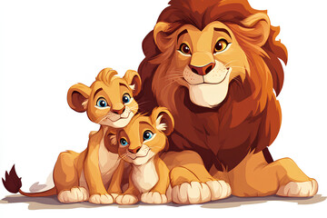 Obraz premium A cartoon lion and two cubs, showcasing a family moment in a playful style.