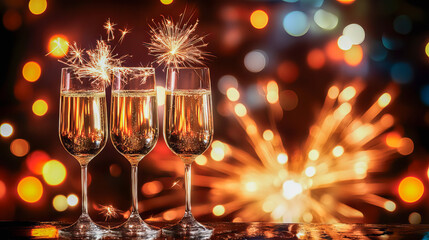 New year greeting cart with champagne glasses and sparklers on black