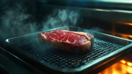Close-up of a juicy steak on a wire rack in an oven with steam rising.