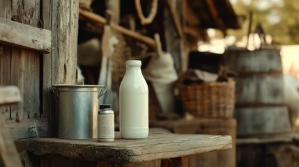 Milk Bottle on Wooden Table
