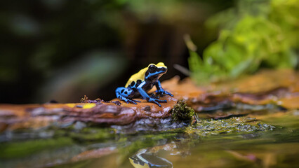 A striking blue and black dart frog sits on wet wood amidst lush greenery, showcasing its vibrant colors and natural habitat. Perfect for nature, wildlife, and tropical rainforest themes