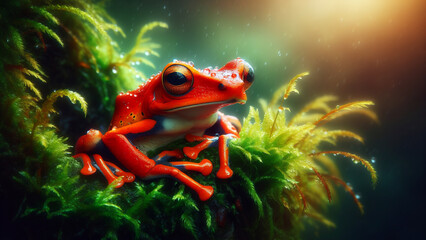 Striking close-up of a vibrant red poison dart frog sitting on lush green foliage, highlighting its brilliant color and detailed texture