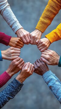 A group of diverse people in a circle holding hands, abstract background, representing unity and collective happiness.