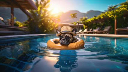 Chill Dog on Pool Float. Relaxed dog in sunglasses and hat lounging on a pool float in a sunny backyard.

