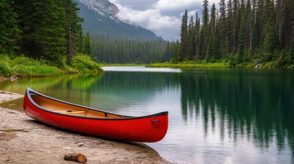 Fototapeta premium Serene Lake with Red Canoe