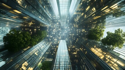 Upward View of Modern Cityscape with Trees and Reflections
