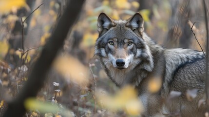 Obraz premium Majestic Wolf in Autumn Forest