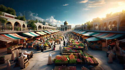 A bustling Middle Eastern bazaar with colorful stalls selling fresh produce, set against the backdrop of a historic mosque with intricate architecture. Captures vibrant market life and cultural richne