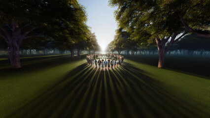 A diverse group of people standing in a circle, holding hands in a peaceful park at sunrise. This image captures unity, harmony, and community spirit, perfect for themes of togetherness and connection
