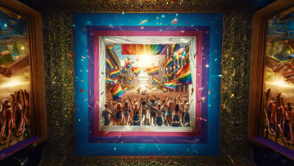 A vibrant pride parade fills the streets with a joyous crowd waving rainbow flags. Colorful banners and balloons adorn the scene, celebrating unity and diversity under a bright, sunny sky.