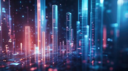 Obraz premium A futuristic 3D bar graph floating in space, with transparent bars of different heights, set against a dark background, symbolizing high-tech data visualization.