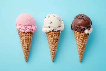 Three ice cream cones with vanilla, strawberry, and chocolate sprinkles