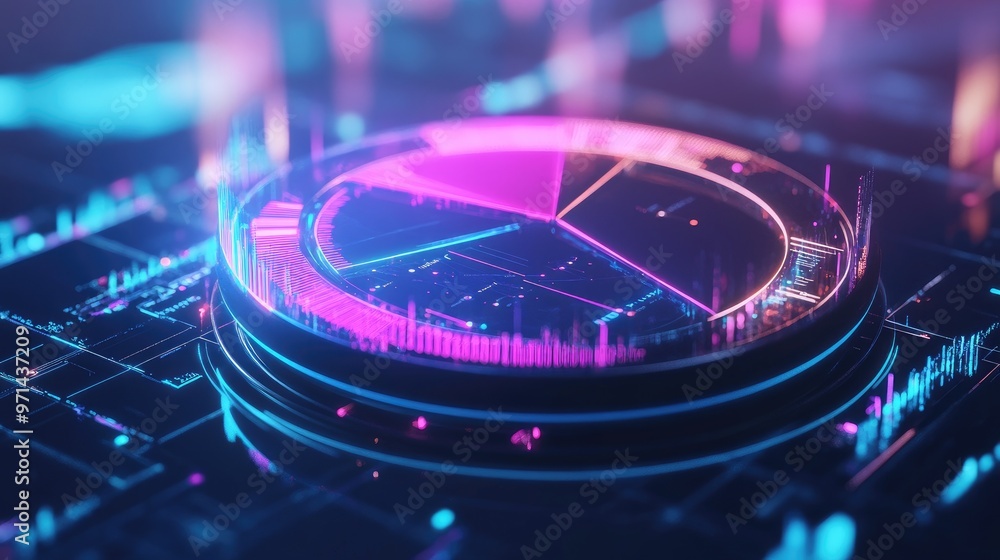 Poster a futuristic 3d pie chart with glowing neon segments, rotating in a digital space, symbolizing moder