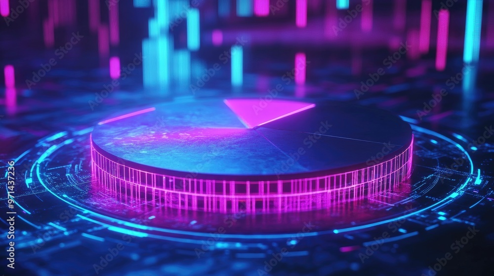 Poster a futuristic 3d pie chart with glowing neon segments, rotating in a digital space, symbolizing moder