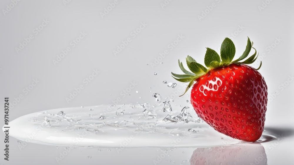 Poster a vibrant strawberry splashes into a white liquid, creating a dynamic visual effect.