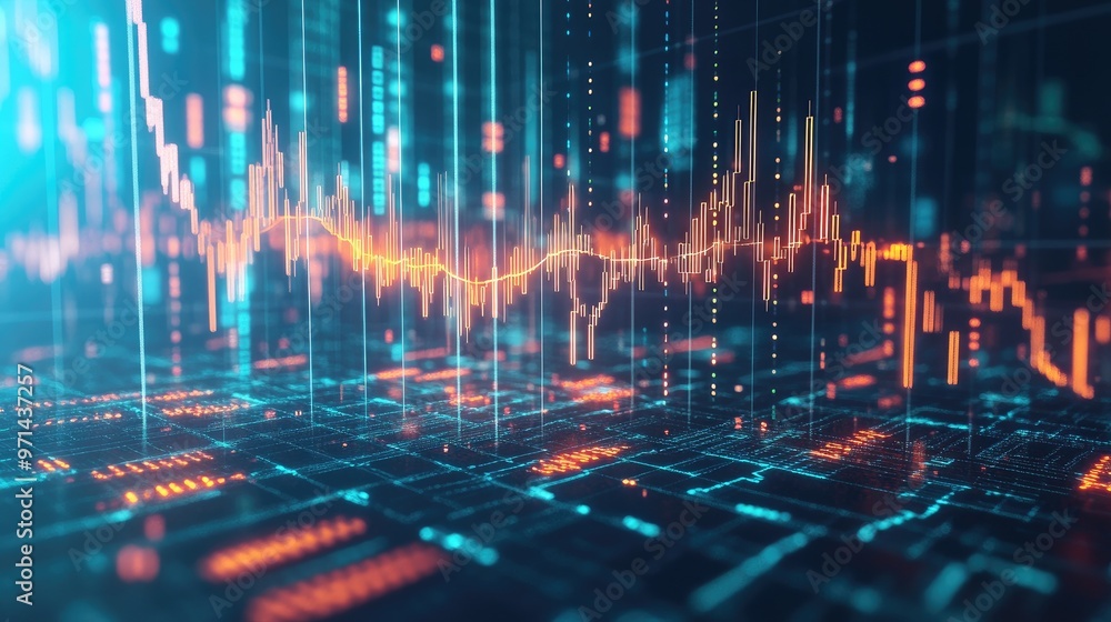 Poster a futuristic digital stock market graph floating in the air, with glowing lines and data points, sym