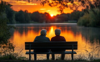Elderly Couple Enjoying Sunset by the Lake