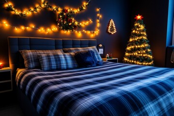 A bedroom with a Christmas theme, featuring soft plaid bedding, fairy lights strung above the bed, and a small, lit Christmas tree in the corner